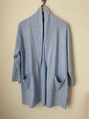 Talbots Heather Blue Long Sleeve Shawl Collar Cardigan Pockets Slits Petite XL